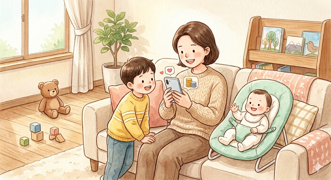 A mother applies for a government welfare coupon on her smartphone while sitting beside her two young children in a cozy living room setting.