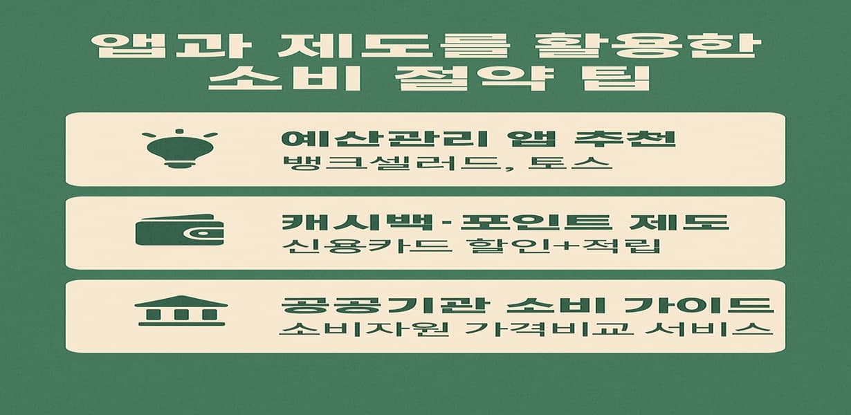 앱과 제도를 활용한 소비 절약 팁을 정리한 인포그래픽 이미지