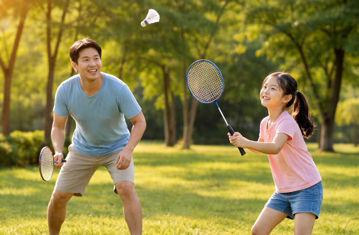 공원에서 배드민턴 치는 아빠와 딸