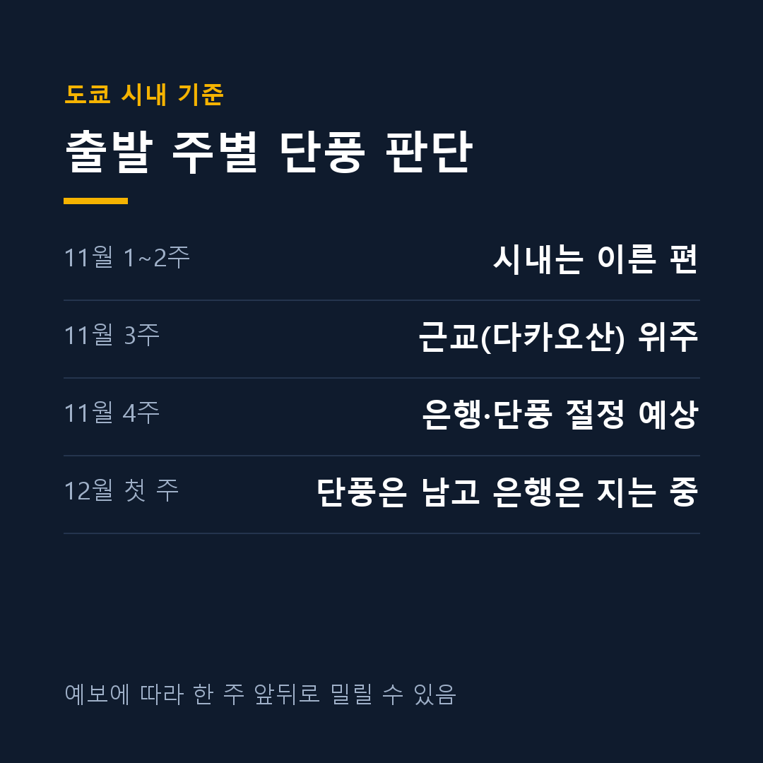 11월 도쿄 여행 출발 주별 단풍 판단표 카드