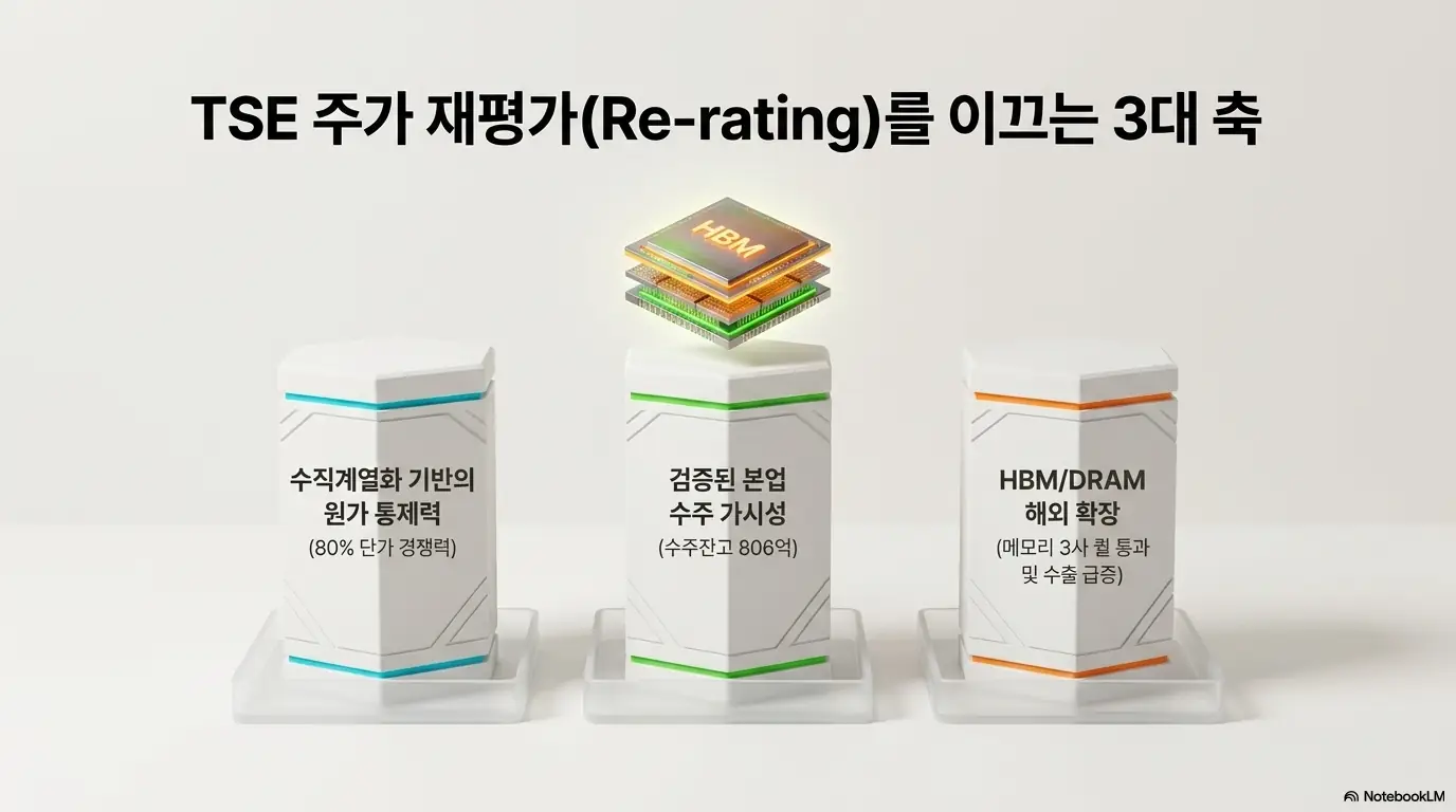 티에스이 주가 재평가를 이끄는 세 가지 축인 수직 계열화 기반 원가 통제력&amp;#44; 검증된 본업 수주 가시성&amp;#44; HBM&middot;DRAM 해외 확장을 기둥 형태로 정리한 이미지. 80% 단가 경쟁력과 수주잔고 806억&amp;#44; 메모리 3사 퀄 통과를 요약하며 티에스이 주가 전망 결론을 설명함