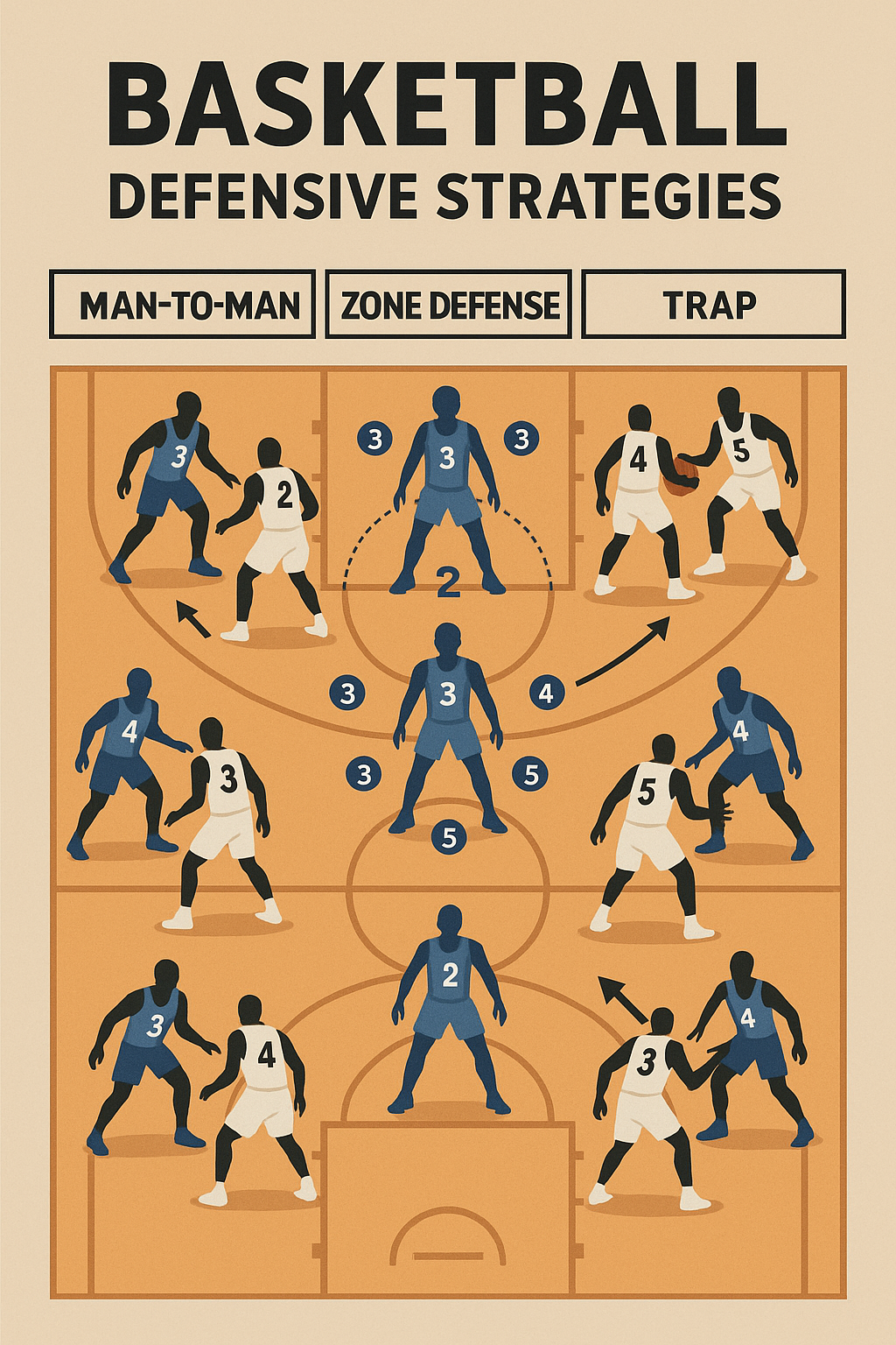 농구 수비 전술 해설 이미지: 맨투맨, 존디펜스, 트랩 수비를 코트 위 배치와 함께 시각적으로 설명한 전술 인포그래픽