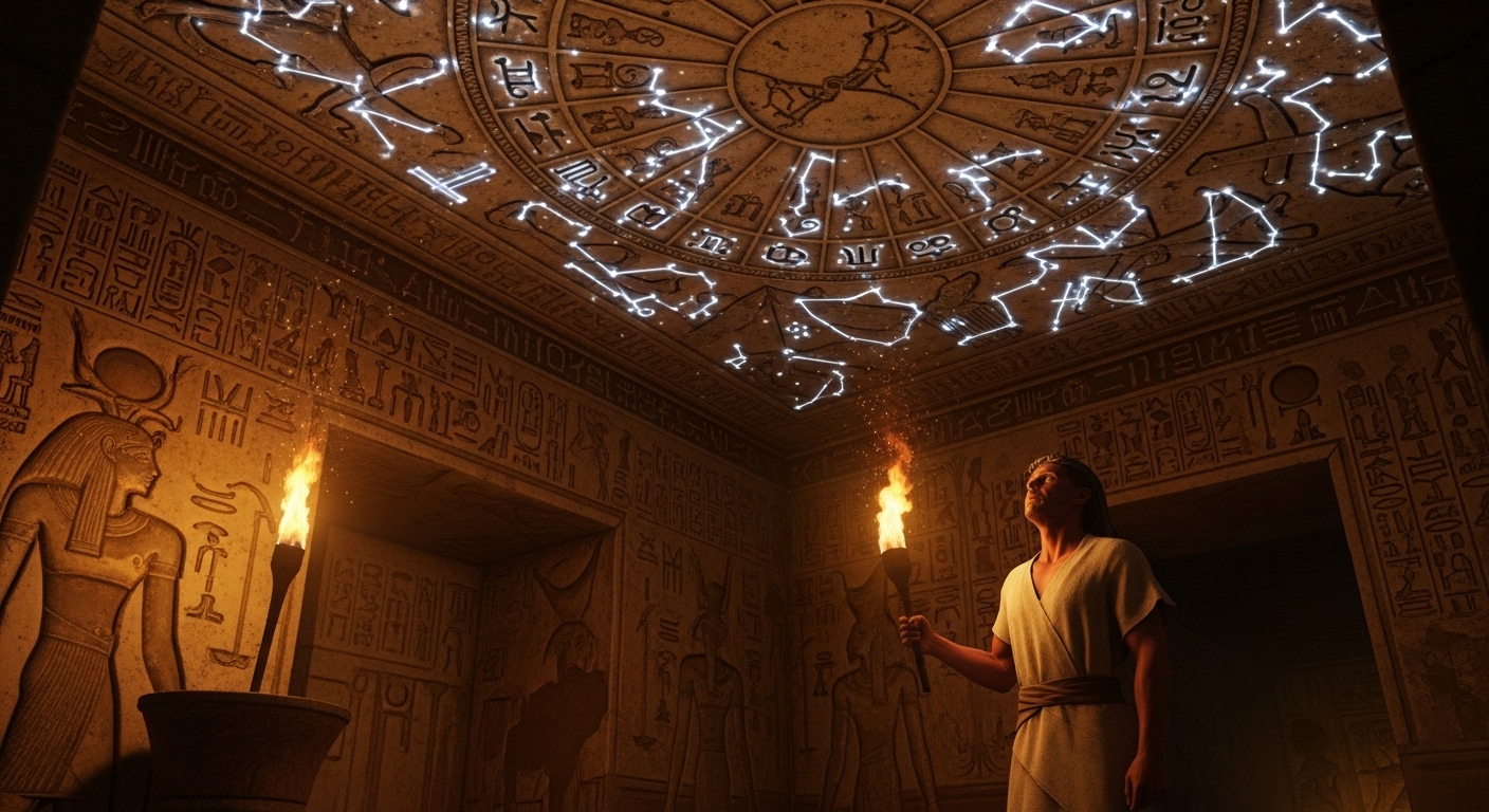 횃불 빛이 은은하게 비추는 어두운 덴데라 신전 내부, 한 고대 이집트 천문학자가 경외감에 찬 표정으로 천장에 새겨진 '덴데라 황도대'를 올려다보고 있다.