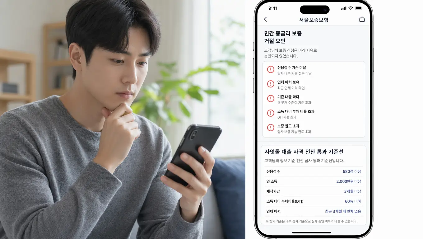 서울보증보험 민간 중금리 보증 거절 요인과 사잇 돌 대출 자격 전산 통과 기준선을 모바일로 확인하는 차주