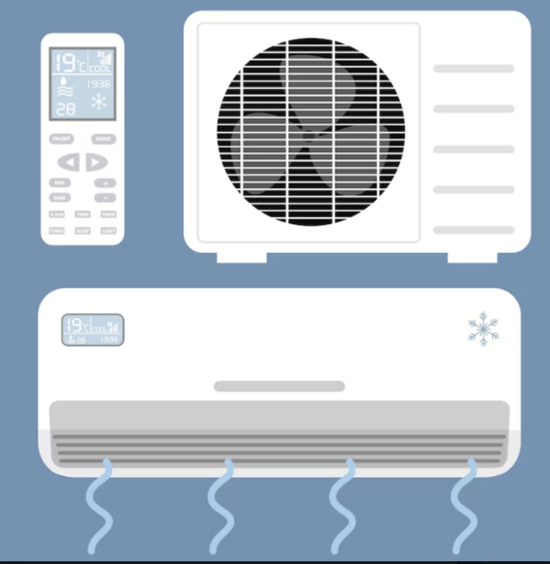 "에어컨 냄새 원인과 관리법을 다룬 콘텐츠에 사용된 벽걸이형 에어컨과 실외기, 리모컨 일러스트"