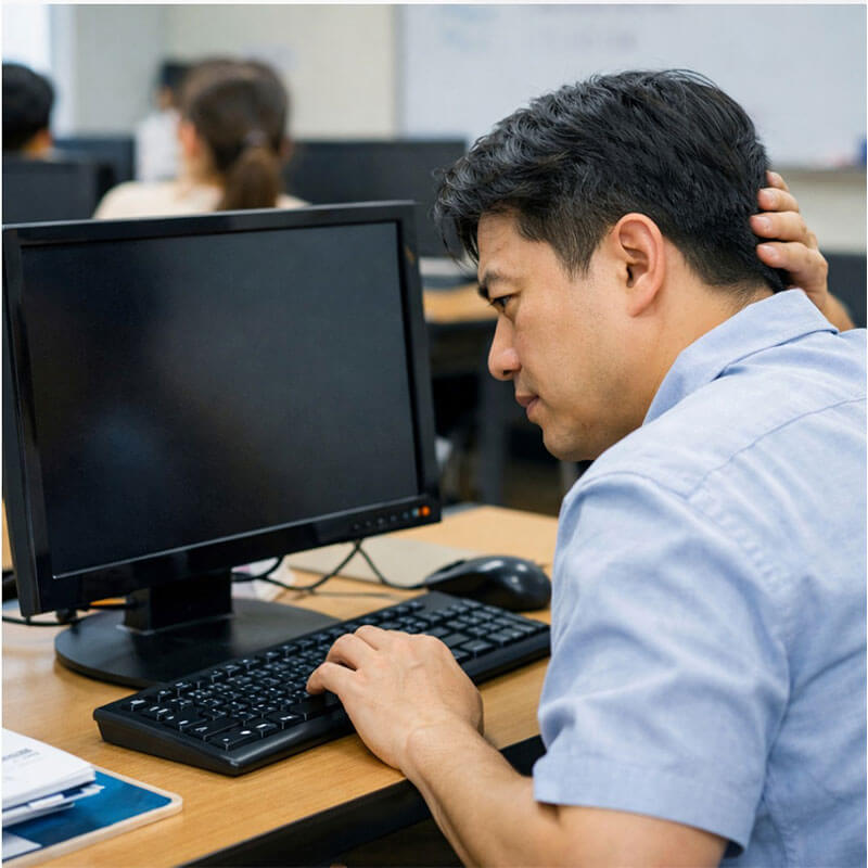 수업 중 컴퓨터 화면이 멈춰 당황한 상태에서 모니터와 입력 장치를 확인하는 교실 작업 장면