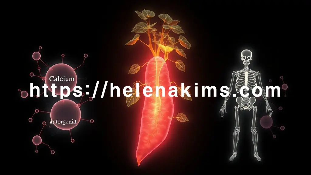 어둡고 신비로운 배경 위, 빛나는 고구마순이 고구마보다 더 크고 화려하게 돋보인다. 고구마순 주변으로는 칼슘, 안토시아닌, 클로로겐산 분자 구조가 은은하게 빛나며, 혈관과 뼈 형태의 추상적인 건강 아이콘들이 고구마순을 감싸고 있다.