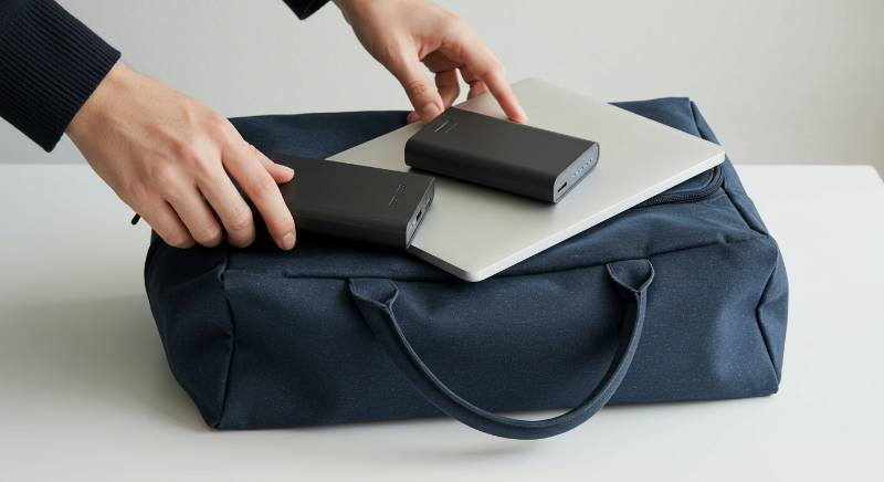 기내용 가방 맨 위에 노트북과 보조배터리를 정리하는 모습.