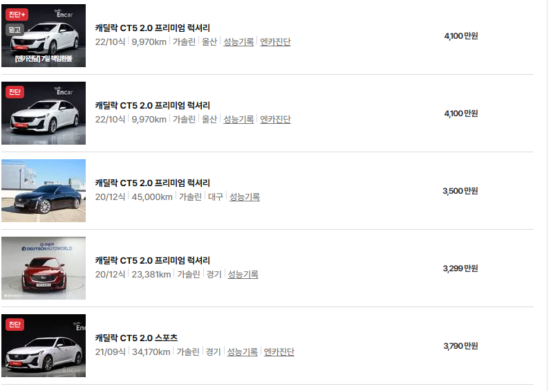 캐딜락 CT5 중고차 가격 시세표 유지비