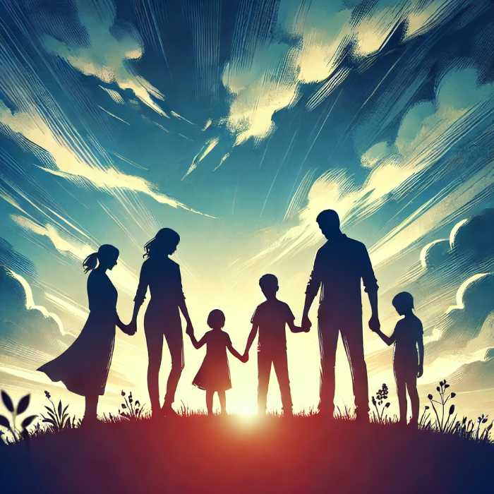 하늘을 배경으로 손을 잡고 있는 가족의 실루엣