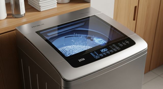 2026년형 최신 AI 통돌이 세탁기가 설치된 현대적인 세탁실 인테리어와 디지털 조작부의 모습