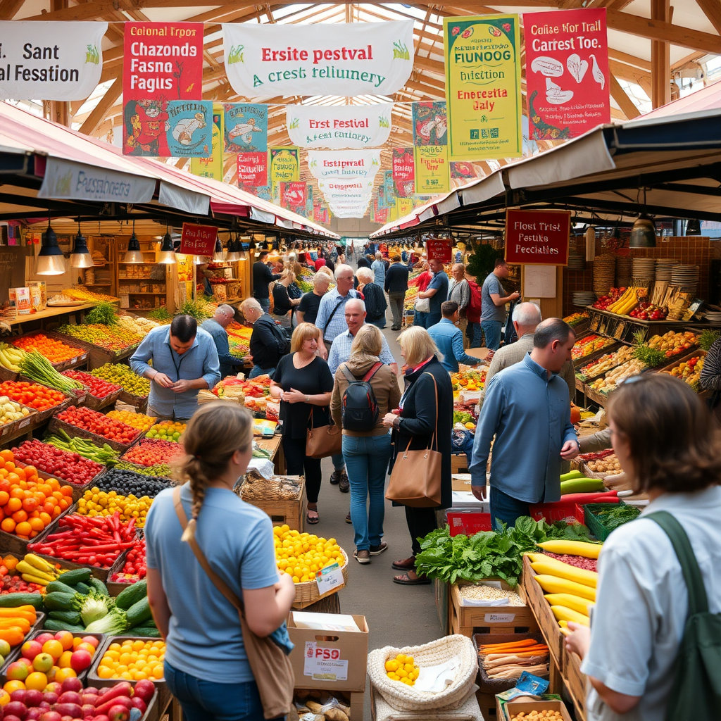 가족이나 친구들이 함께 동행축제에서 구매한 상품들을 들고 활짝 웃는 모습입니다. 배경에는 즐거운 축제 분위기가 이어지고, 따뜻한 색감으로 행복감을 강조합니다.