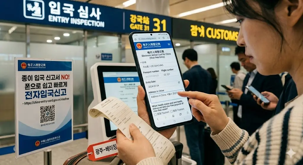 중국 무비자 입국 시 종이 서류를 대체하는 전자입국신고서 작성법 사이트에 접속하여 스마트폰으로 정보를 입력하는 화면