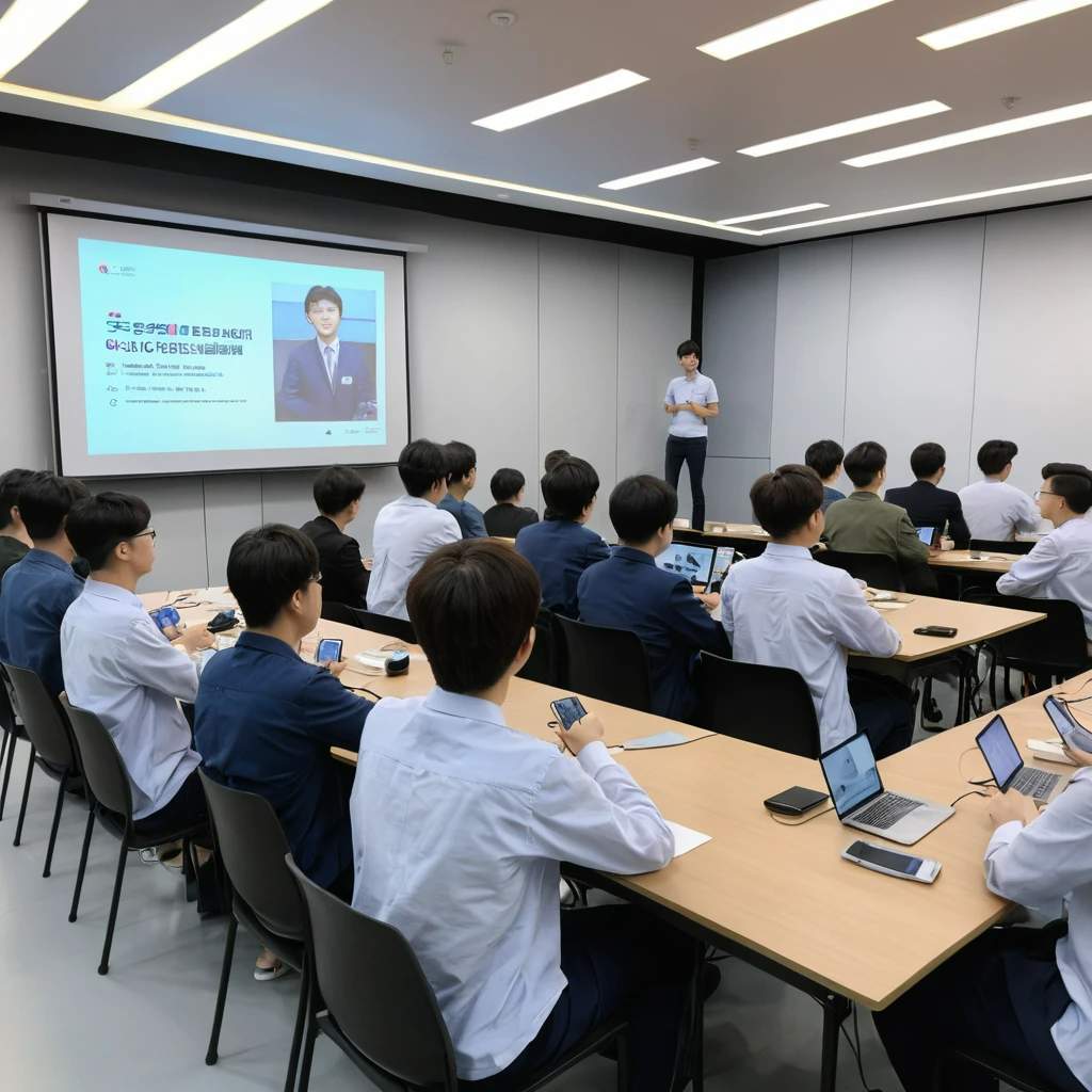 회의실에서 다같이 강의를 듣고 있는 모습 