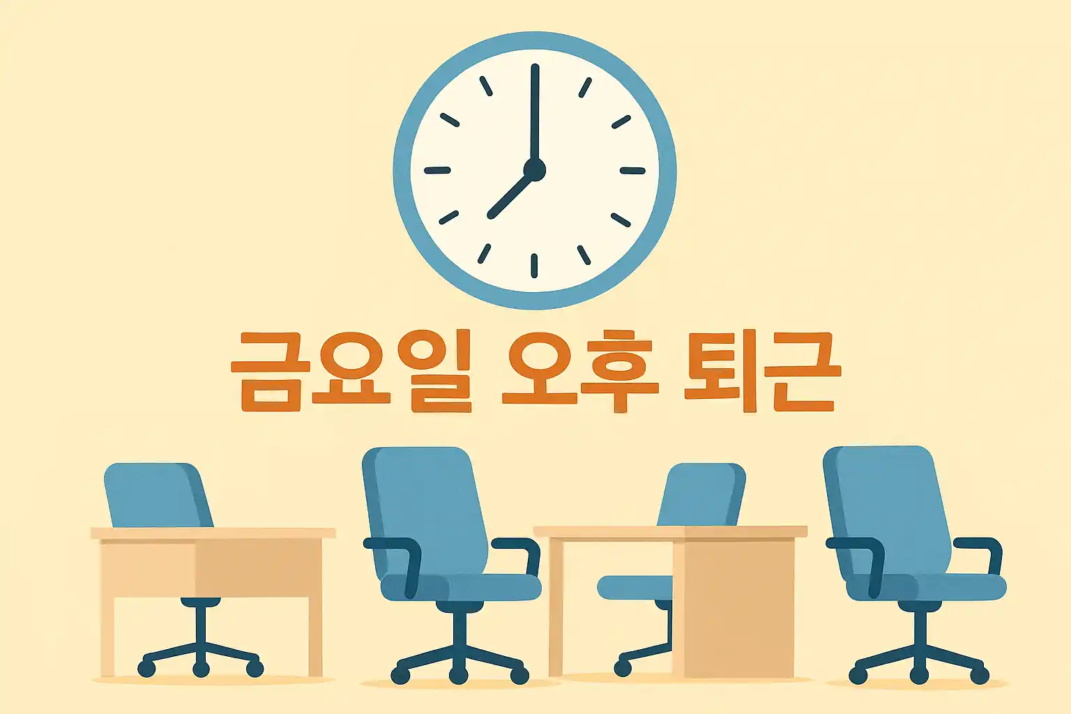 금요일 오후 퇴근을 상징하는 사무실 일러스트, 시계가 12시를 가리키고 의자가 비어 있음