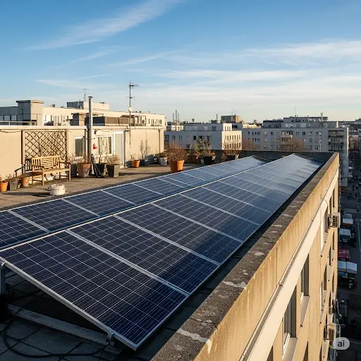 아파트 옥상에 설치된 태양광 패널. 친환경 리모델링으로 에너지 비용 절감
