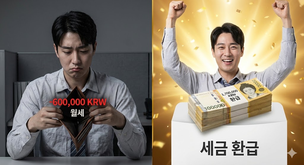 월세가 빠져나가는 통장을 보며 울상인 직장인과, 연말정산으로 170만 원을 돌려받고 환호하는 모습의 대비