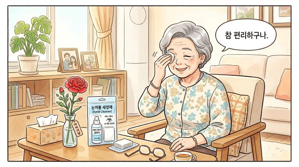 깨끗하고 온화한 분위기의 거실 배경. 정갈하게 포장된 눈꺼풀 세정제 패키지와 함께 인자하게 웃으며 눈을 관리하는 고령 여성. 주변에 카네이션 한 송이가 있고 "참 편리하구나"라는 말풍선