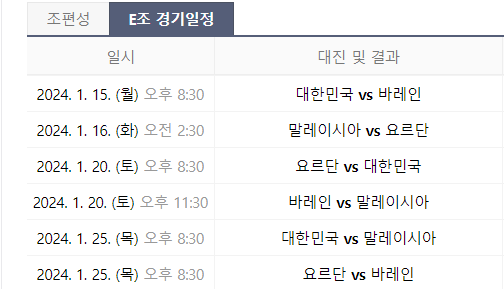 2023 아시안컵 E조 경기일정표