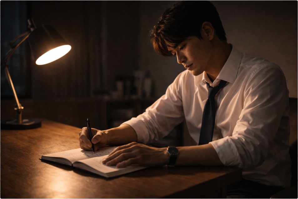 밤에 책상 앞에서 노트를 펼쳐두고 문장을 수정하며 생각에 잠긴 한국인 남자