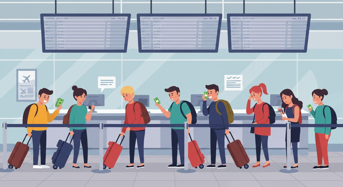 공항 환급 창구에서 대기 중인 승객들