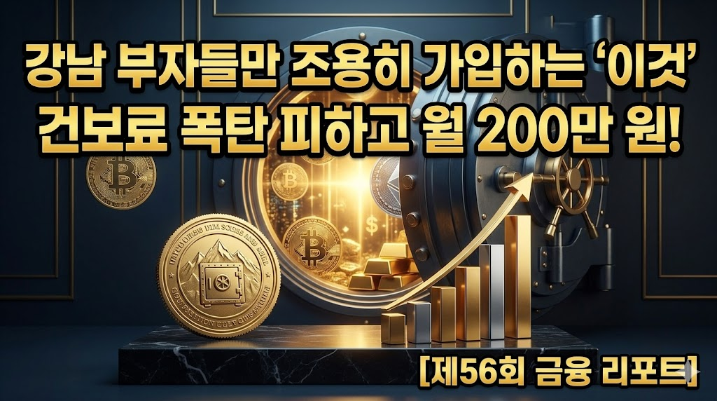고풍스러운 서재 비밀 문이 열리며 쏟아져 나오는 황금 동전과 암호화폐 자산 위에 배치된 한글 제목 썸네일 / Golden coins and crypto assets spilling from a secret library door with Korean title text.