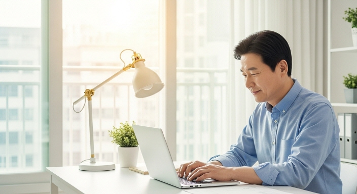 밝은 톤의 책상 위에 재산세 계산기가 놓여있는 모습