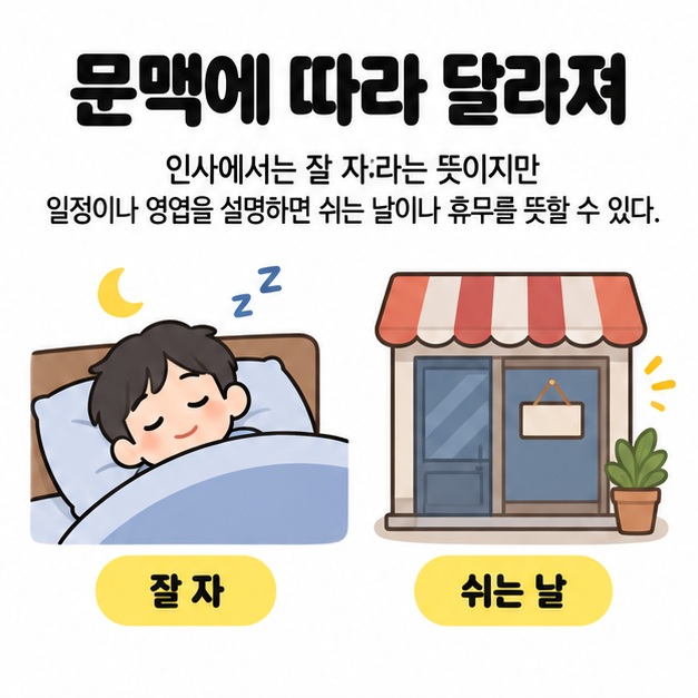 문맥에 따라 달라져라는 문구 아래 잠든 사람의 잘 자와 문이 닫힌 가게의 쉬는 날을 나란히 보여 주는 그림