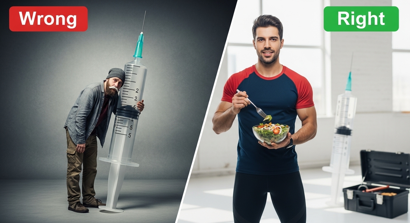 주사기(약)에 의존하지 않고, 건강한 샐러드와 운동화를 신고 당당하게 서 있는 다이어트 성공자의 모습