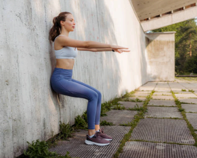 벽에 등을 데고 스쿼트운동 이미지사진