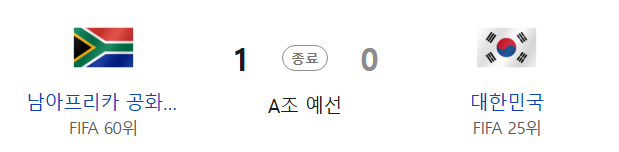 2026북중미 월드컵 대한민국 VS 남아공 경기결과