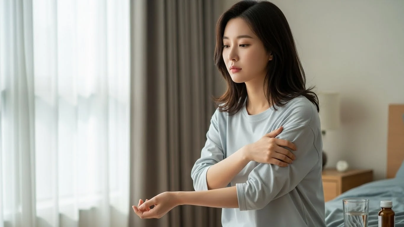 몸 상태를 살피며 생각에 잠긴 여성의 모습