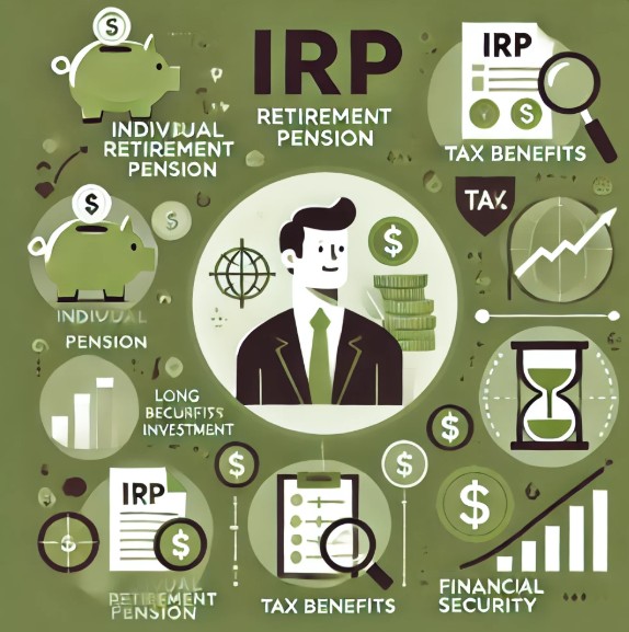 IRP(개인형 퇴직연금)를 시각적으로 표현한 이미지로, 젊은 직장인이 자신의 퇴직연금을 관리하는 모습을 포함
