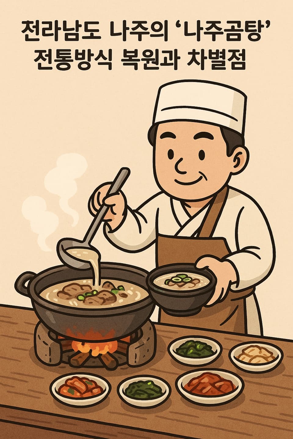 "전라남도 나주곰탕 전통 조리법 복원 과정. 한식 조리사가 가마솥에서 곰탕을 끓이며 밥상에 올리는 장면"
