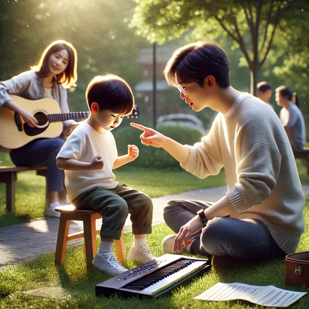 가족이 공원에서 아이가 악기를 연습하는 모습을 부모가 격려하는 장면. 자연광이 비추는 밝고 지지적인 분위기
