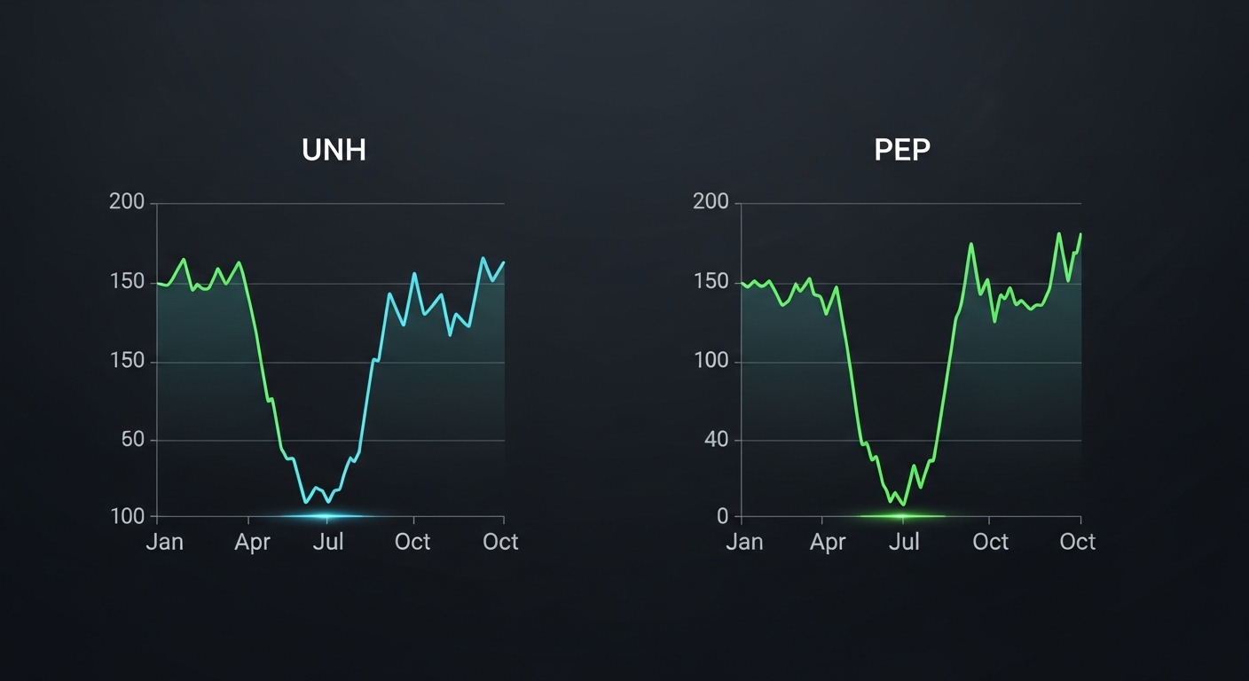 '유나이티드 헬스(UNH)'와 '펩시코(PEP)'의 바닥 다지고 턴어라운드하는 주가 차트