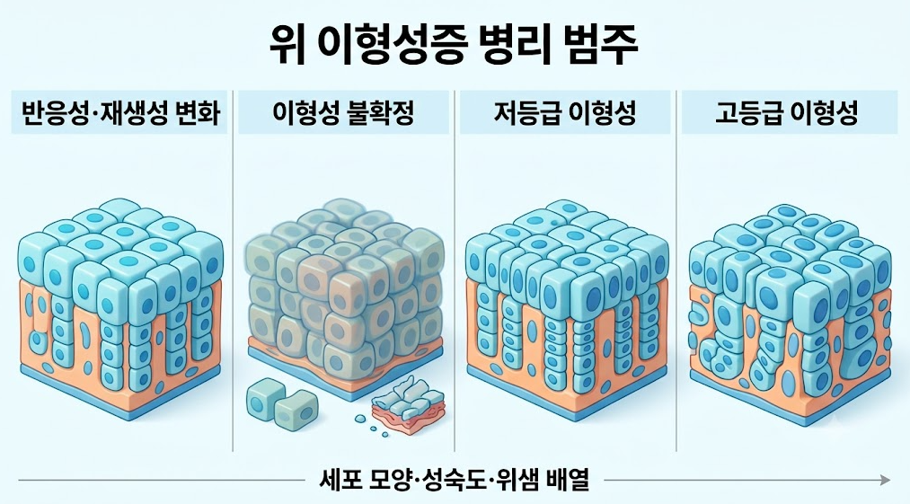 위 이형성증 병리 범주별 반응성 변화&middot;불확정&middot;저등급&middot;고등급 조직 형태 비교 인포그래픽