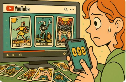 혼란한 표정의 인물과 타로 선택지 / Confused viewer choosing tarot option