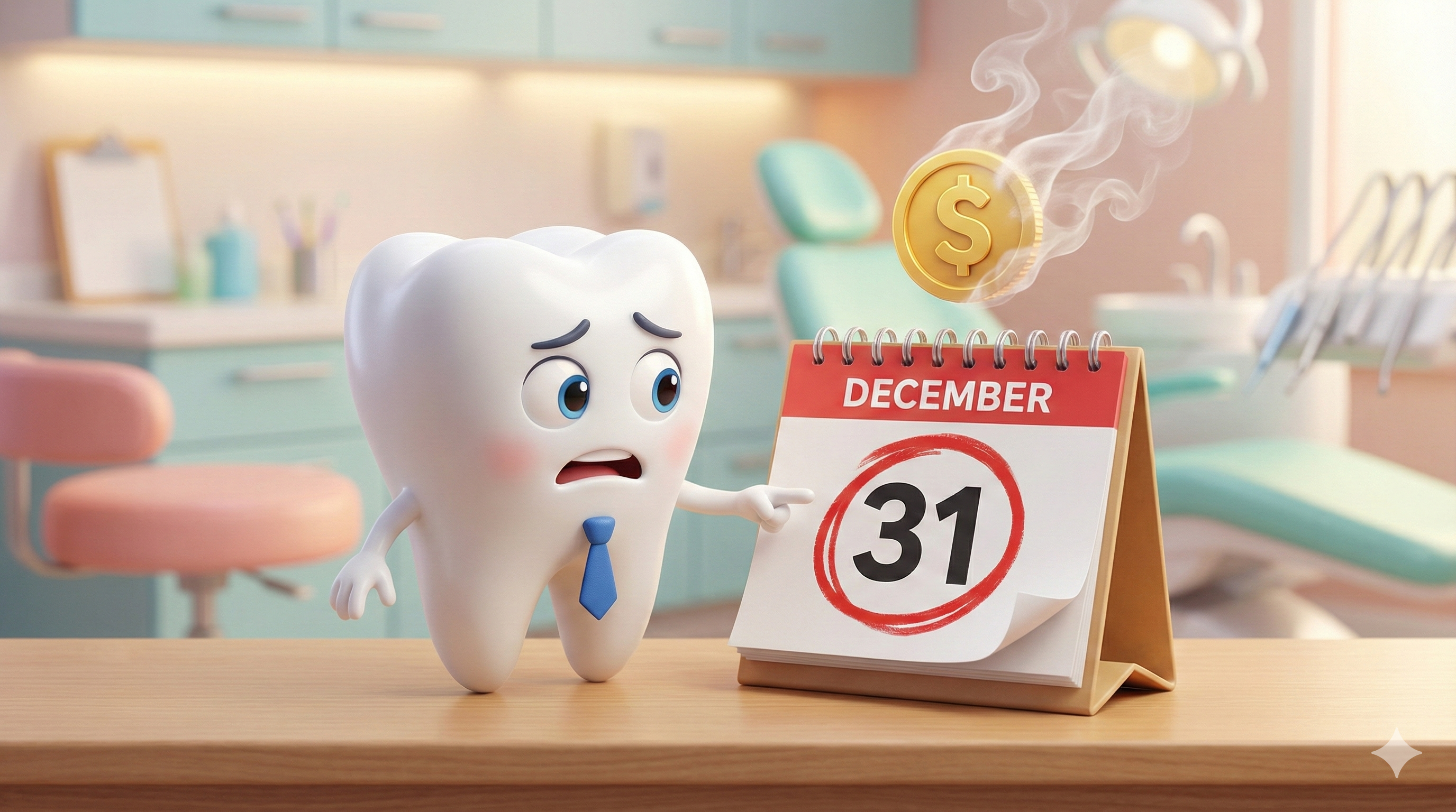 2월 31일 마감을 알리는 달력과 스케일링 혜택 소멸을 경고하는 3D 치아 캐릭터 일러스트