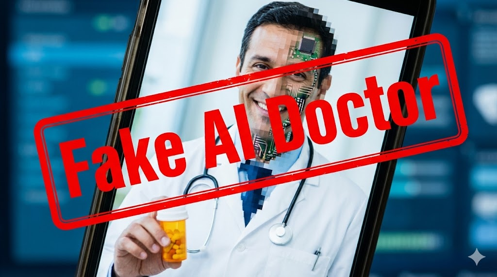 스마트폰 화면 속 AI 가짜 의사의 위험성을 경고하는 이미지