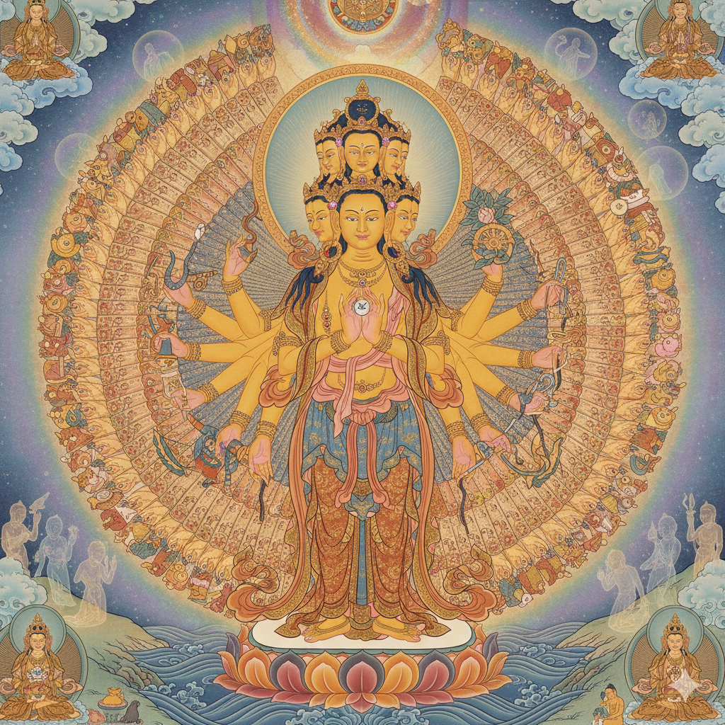 마음이 닿는 곳에 나타난 가피
대비주 수행은 역사적으로 수많은 영험담을 남겼다.

치유의 기적: 병마에 시달리던 이가 일심으로 대비주를 송주하여 쾌차한 사례는 현대 포교 현장에서도 빈번히 보고된다.

액난 소멸: 신라 시대부터 전란이나 전염병이 돌 때 국난 극복을 위해 이 경전을 독송했다는 기록이 있다. 현대에는 절체절명의 위기 속에서 대비주를 외우며 마음의 안정을 찾고, 예상치 못한 도움의 손길을 만났다는 수행자들의 고백이 잇따른다.

3. 불경의 원문과 해석 (핵심 구절)
다라니는 본래 번역하지 않는 것이 원칙이나, 그 뜻을 새기면 신심이 더욱 깊어진다.

[원문] 나모라 다나다라 야야 나막알야 바로기제 새바라야 모지사다바야 마하사다바야 마하가로니가야... [해석] 삼보(불&middot;법&middot;승)께 귀의합니다. 성스러운 관자재보살님, 대자대비하신 보살님께 귀의합니다. 모든 두려움에서 저를 구제해 주시고, 청정한 지혜를 주소서.