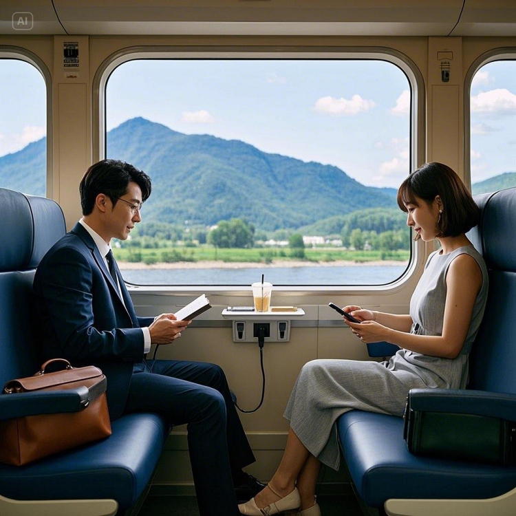 KTX 열차 내부에서 창가 좌석을 이용하는 승객들, 편안하게 독서하거나 풍경을 감상하는 모습2