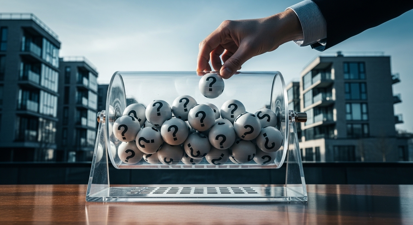 민영주택 청약 추첨제를 상징하는 추첨 기계와 아파트 배경. 운에 따라 당첨될 수 있는 기회를 시각화했습니다.