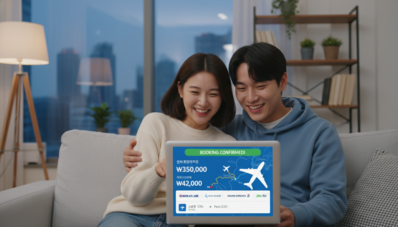 저렴한 항공권 예약에 성공하여 기뻐하는 젊은 한국인 커플.