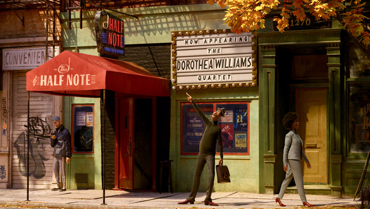 가을빛 도심 인도 위에서 한 사람이 작은 잎사귀를 바라보며 서 있는 장면