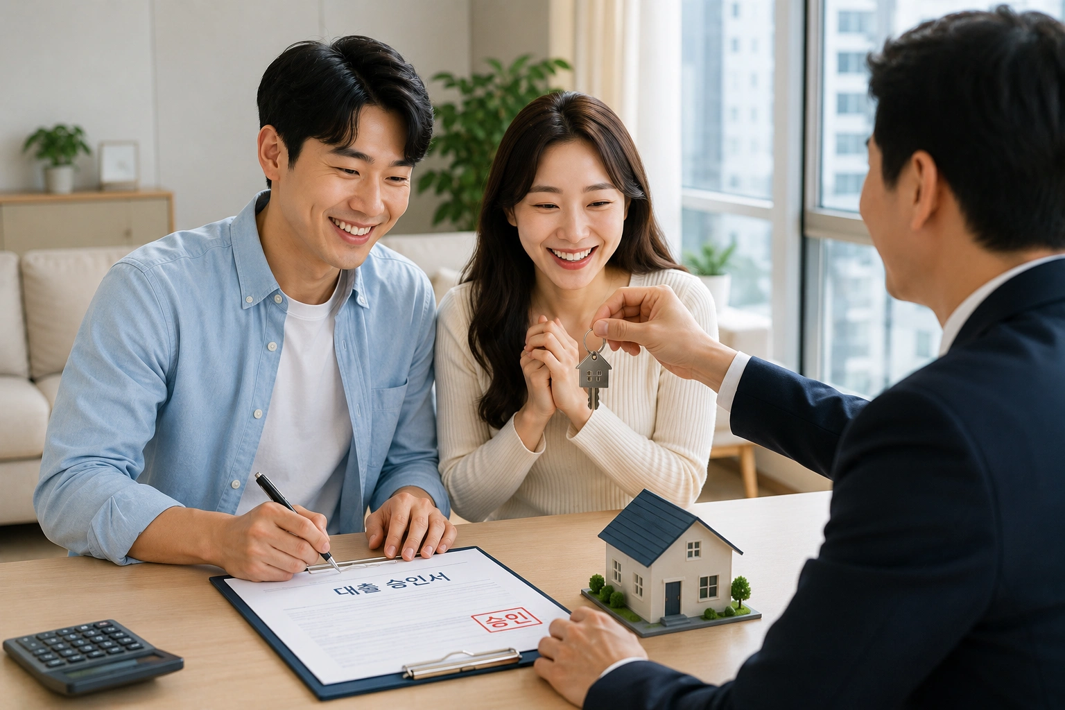 디딤돌대출 승인 후 신혼부부가 집 열쇠를 전달받으며 주택 구입 절차를 마무리하는 모습