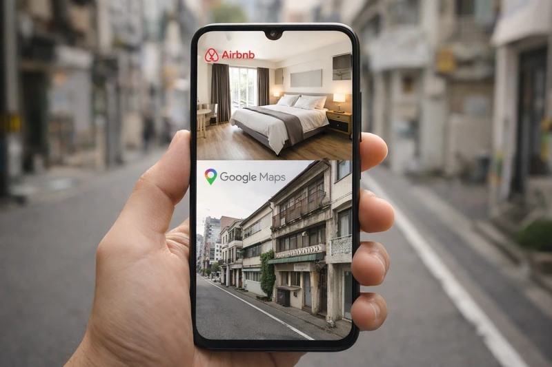 여행자가 거리에서 스마트폰을 들고 에어비앤비 숙소 사진과 구글 지도 스트리트뷰 건물 외관을 동시에 비교하는 화면을 보여주는 장면으로, 실제 거리 분위기와 숙소 이미지 차이를 확인하는 모습