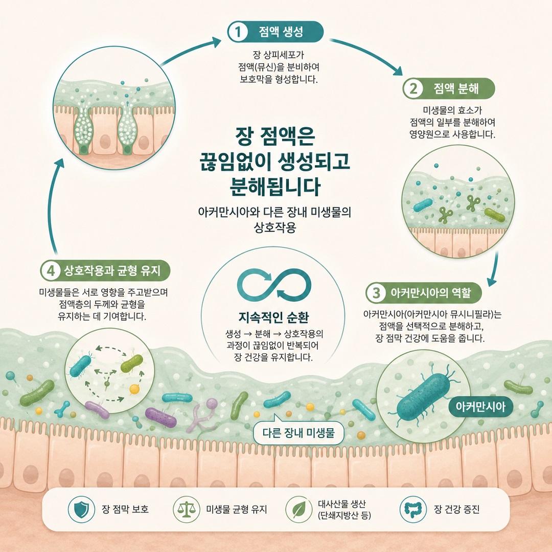 장 점액의 생성과 분해 과정에 아커만시아와 다른 장내 미생물이 함께 관여하는 모습