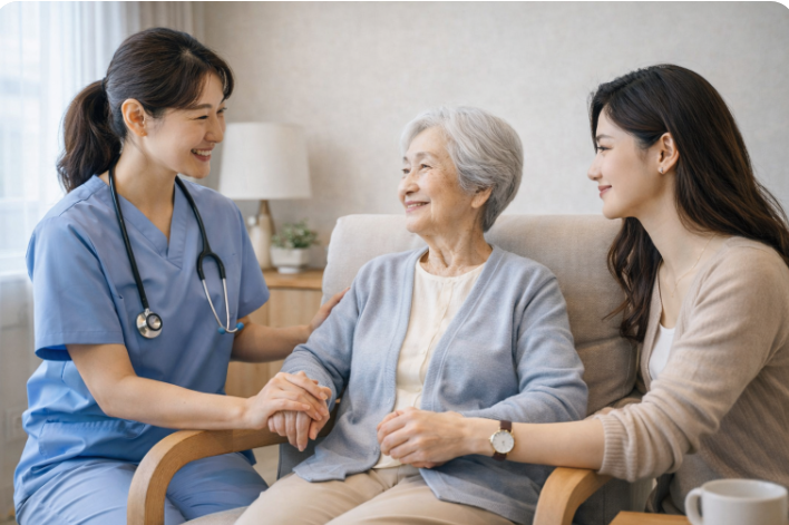 고령의 여성이 요양보호사와 가족으로 보이는 젊은 여성과 함께 미소 짓는 모습