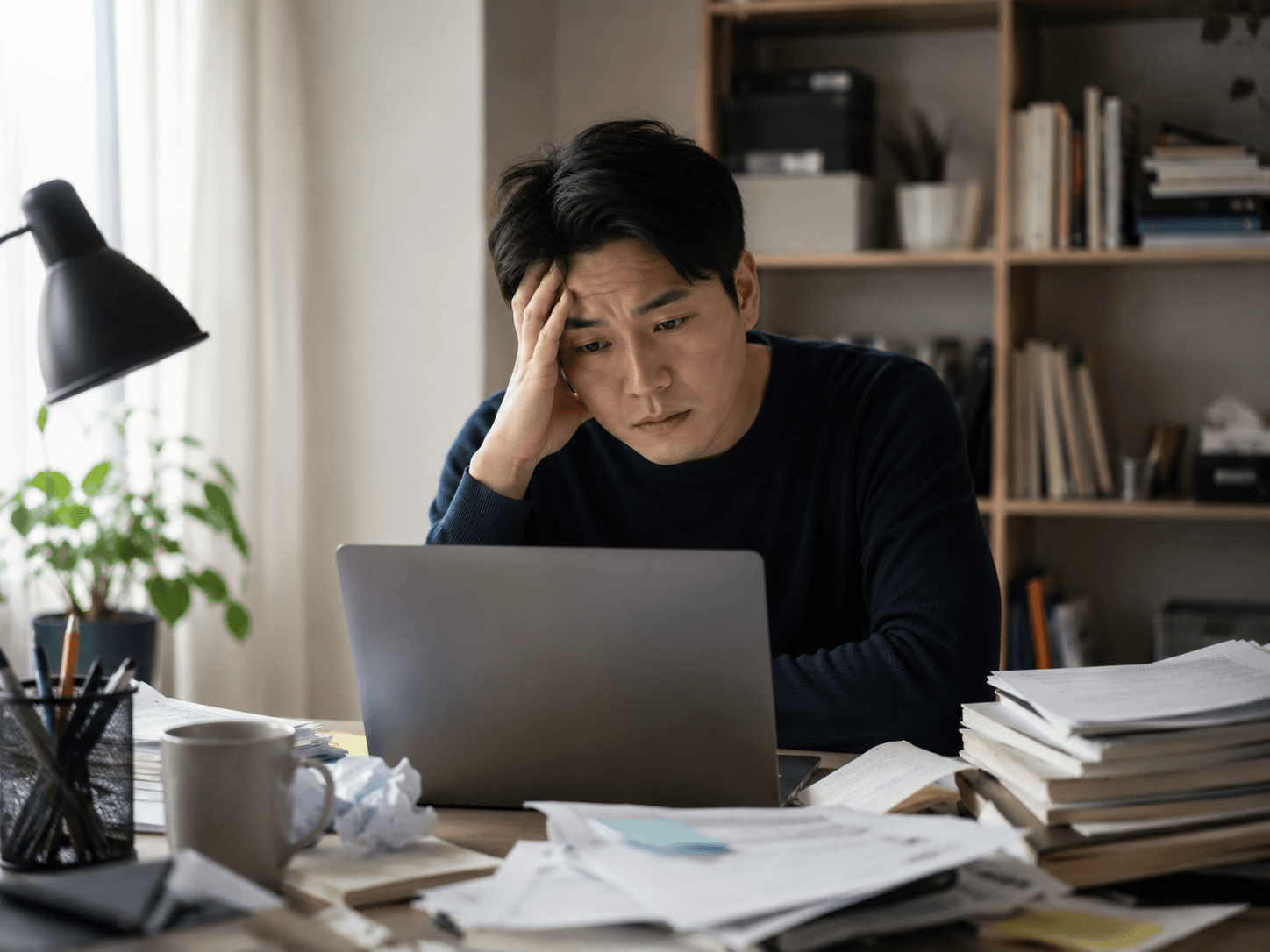 성인 ADHD로 인해 집중하지 못하고 멍하니 앉아있는 직장인의 모습